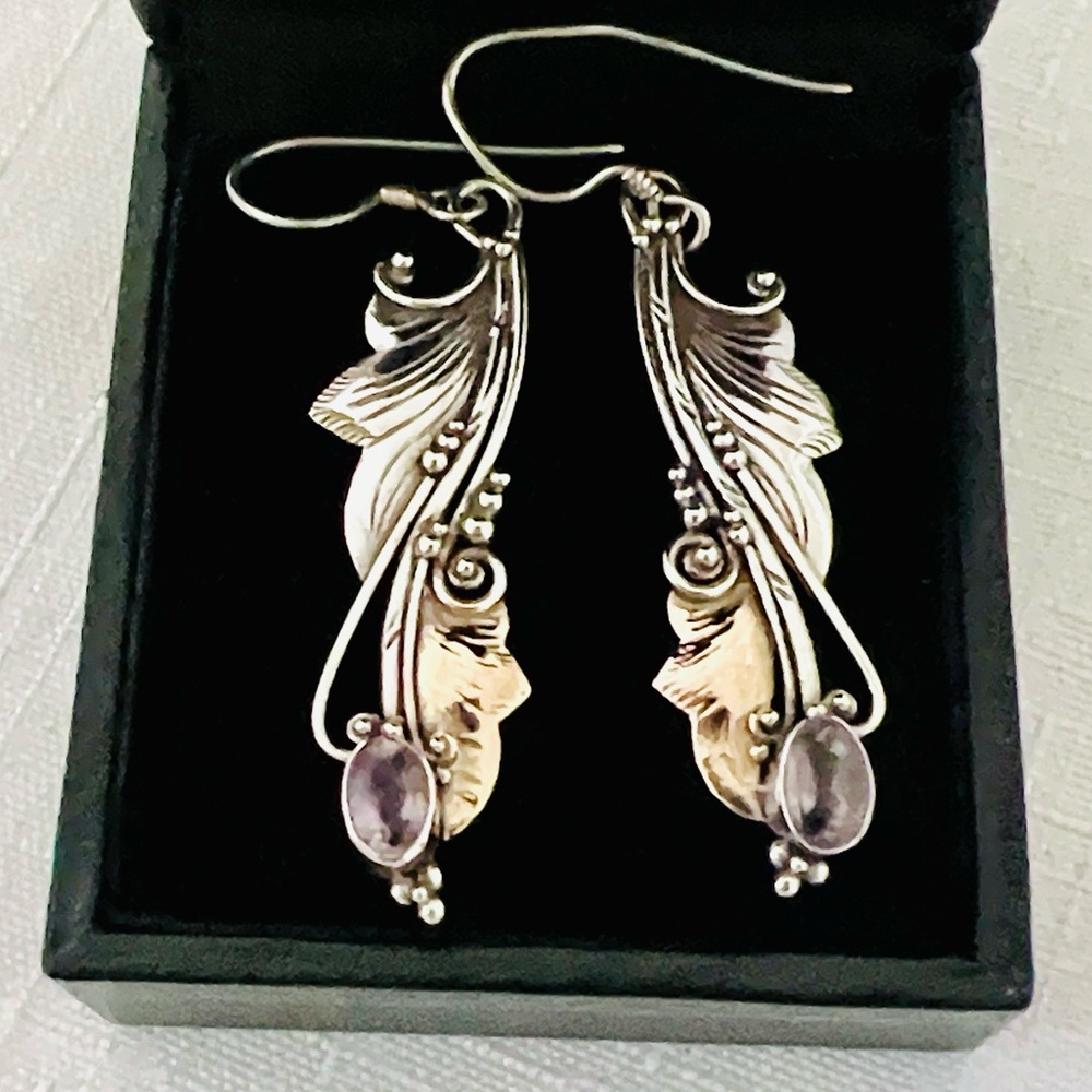 Elegant Sterling Silver and Gold Leaf Earrings - Picture 5 of 10